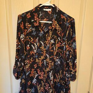 Flowy Long Tunic Black, Gold, Orange Button Front Size M